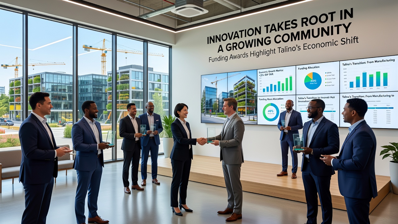 Innovative prototypes and community workshops in Talino demonstrating funded projects that support the town's economic transition