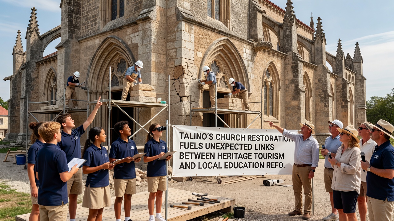 Students from Talino schools participating in a guided heritage workshop inside the restored church
